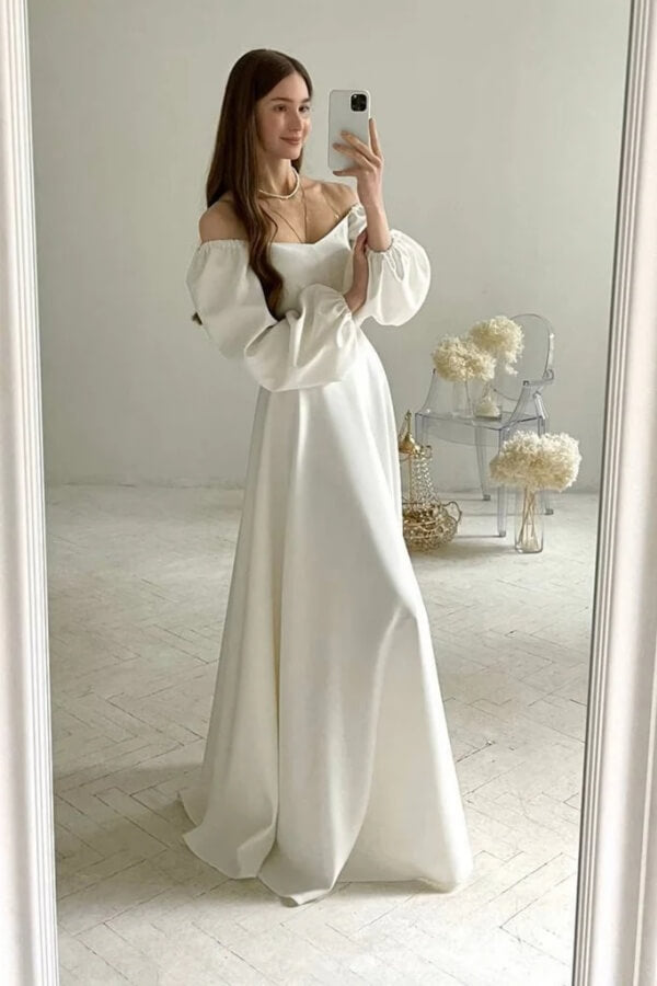 Satin A Line Long Sleeve Modest Wedding Dresses With Train, Bridal Gown, PW521 image 1