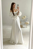 Satin A Line Long Sleeve Modest Wedding Dresses With Train, Bridal Gown, PW521