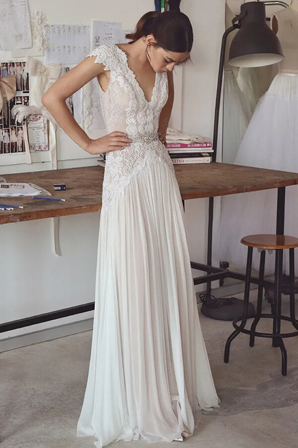 Chiffon Cap Sleeves Open Back Lace Wedding Dresses, PW375 | Promnova US0 / As Picture Chiffon Cap Sleeves Open Back Lace Wedding Dresses, PW375 | Promnova US0 / As Picture