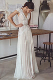 Sexy Chiffon Cap Sleeves V Neck Open Back Lace Wedding Dresses, PW375 | lace wedding dresses | chiffon wedding dress | beach wedding dresses | promnova.com