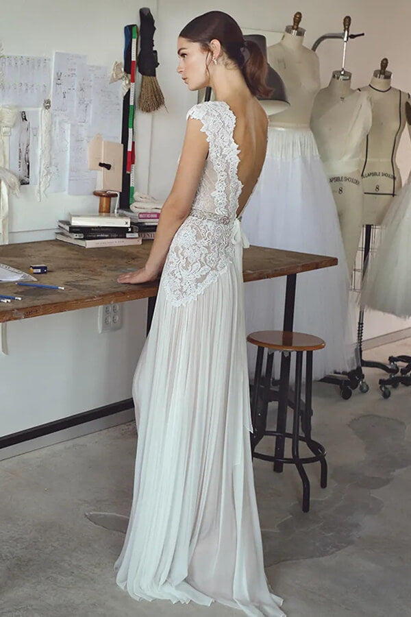 Sexy Chiffon Cap Sleeves V Neck Open Back Lace Wedding Dresses, PW375 | affordable wedding dresses | wedding dress stores | wedding gown | promnova.com