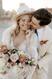 Sheath Lace Long Sleeves V Neck Wedding Dresses With Sweep Train, PW438 image 3