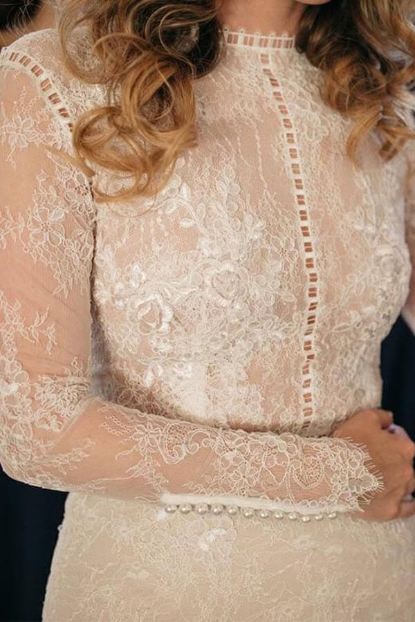Sheath Lace Long Sleeves Vintage Beach Wedding Dresses With Train, PW370 | affordable wedding dresses | wedding dress stores | ivory wedding dresses | promnova.com