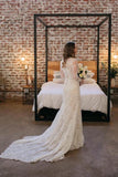 Sheath Lace Long Sleeves Vintage Beach Wedding Dresses With Train, PW370
