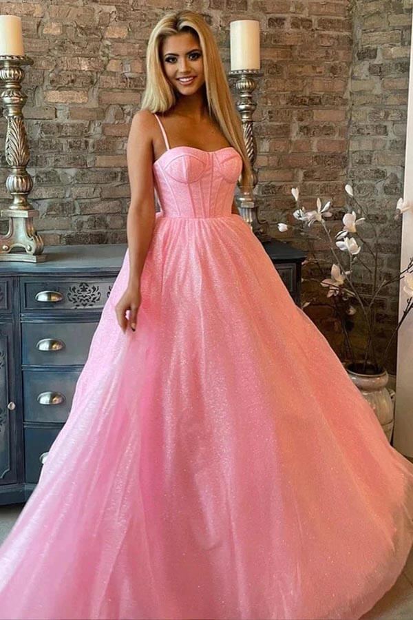 Shiny Pink Tulle A Line Spaghetti Straps Prom Dress, PL644 | Promnova Custom Size / As Picture Shiny Pink Tulle A Line Spaghetti Straps Prom Dress, PL644 | Promnova Custom Size / As Picture