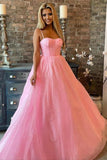 Shiny Pink Tulle A Line Spaghetti Straps Long Prom Dresses, Party Dress, PL644 | simple prom dress | new arrival prom dress | evening gown | promnova.com