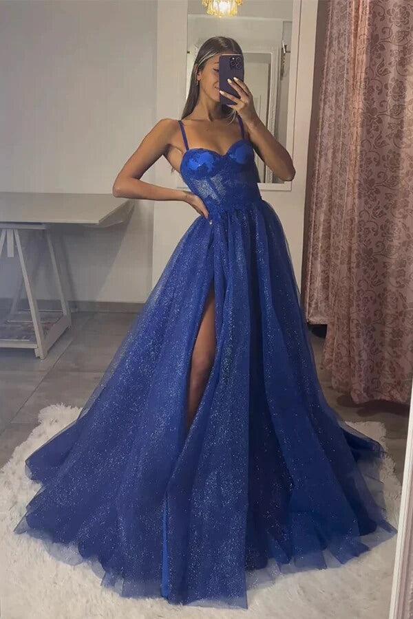 open lace back dress Shiny Royal Blue A Line Sweetheart Lace Prom Dress, PL594