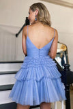 Shiny Tulle A Line V Neck Spaghetti Straps Short Homecoming Dresses, PH420 | school event dress | short prom dresses | sweet 16 dress | promnova.com