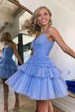 Shiny Tulle A Line V Neck Spaghetti Straps Short Homecoming Dresses, PH420 | sparkly homecoming dress | homecoming dresses online | short party dress | promnova.com