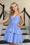 Shiny Tulle A Line V Neck Spaghetti Straps Short Homecoming Dresses, PH420 | cheap homecoming dresses | blue homecoming dress | a line homecoming dresses | promnova.com