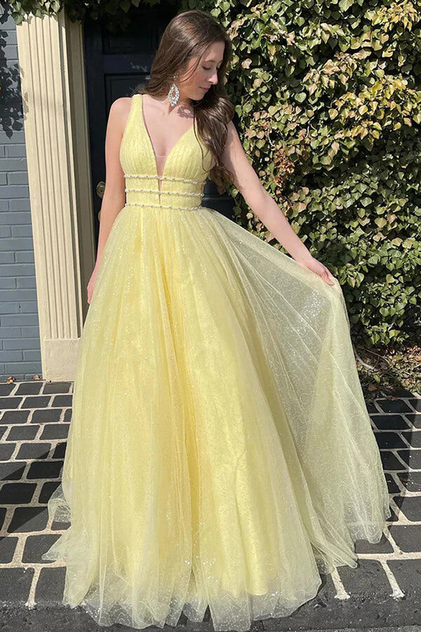 Shiny Tulle Yellow A Line Beaded Long Prom Dresses, PL607 | Promnova US4 / Custom Color Shiny Tulle Yellow A Line Beaded Long Prom Dresses, PL607 | Promnova US4 / Custom Color