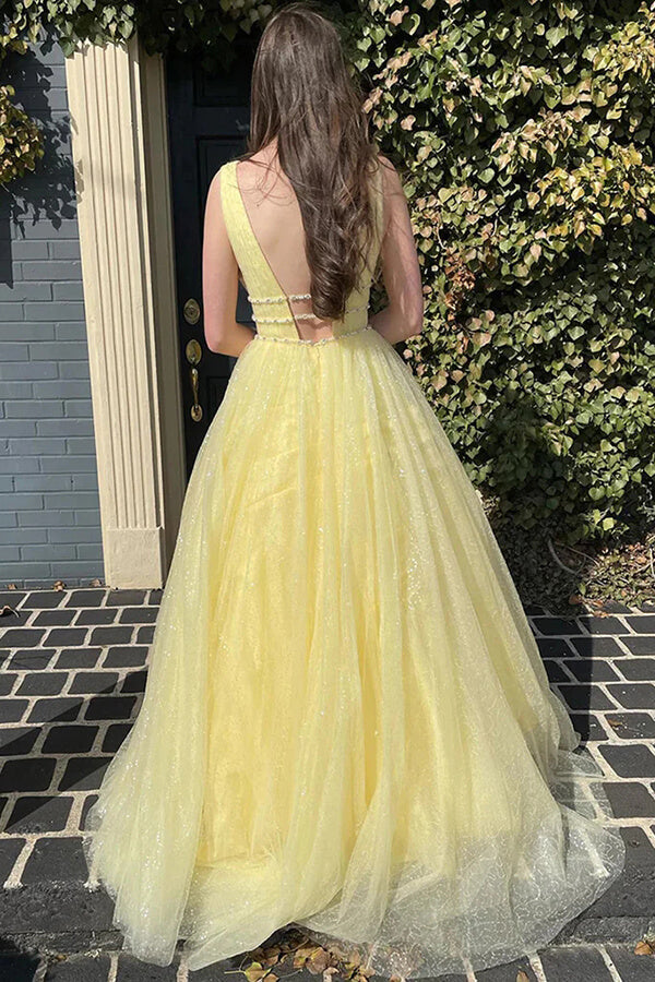 Shiny Tulle Yellow A Line Beaded Long Prom Dresses, Pl607 | Promnova US4 / Custom Color Shiny Tulle Yellow A Line Beaded Long Prom Dresses, Pl607 | Promnova US4 / Custom Color