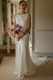 Silk Satin Sheath Cowl Neck Rustic Wedding Dresses, Simple Bridal Gown, PW512
