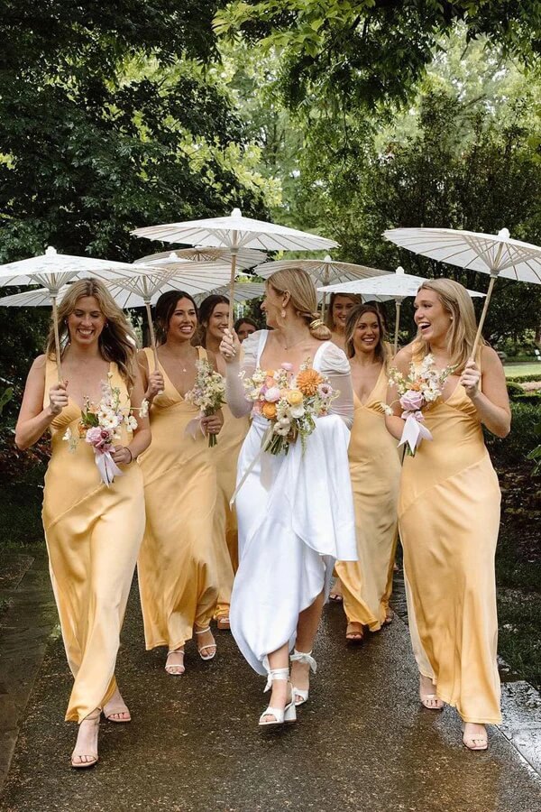 Silk Satin Yellow Sheath V Neck Bridesmaid Dresses, Bridal Party Dresses,  PB192