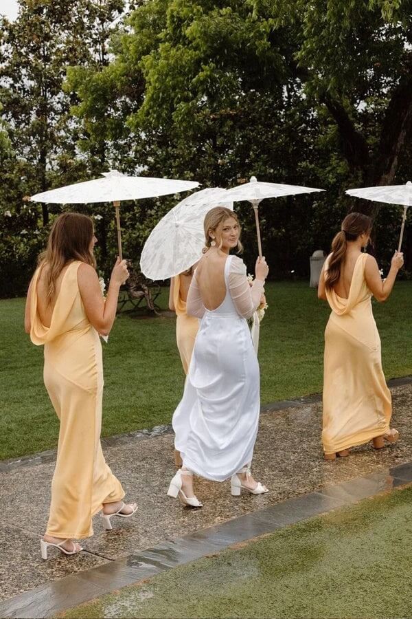 yellow silk bridesmaid dresses Yellow Mermaid Elegant Long Formal Bridesmaid Dresses, Wedding Guest D bridalsew