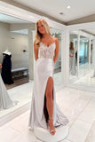 Silver Satin Sheer Lace Mermaid Spaghetti Straps Long Prom Dresses, PL756