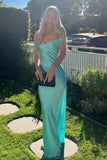 Simple Aqua Satin Sheath Off Shoulder Long Prom Dresses, Party Dresses, PL739