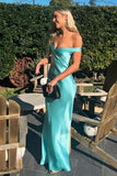 Simple Aqua Satin Sheath Off Shoulder Long Prom Dresses, Party Dresses, PL739 image 2