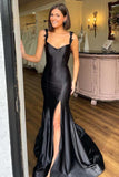 Simple Black Satin Mermaid Spaghetti Straps Long Prom Dresses With Slit, PL619