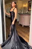 Simple Black Satin Mermaid Spaghetti Straps Long Prom Dresses With Slit, PL619 | new arrival prom dress | cheap prom dress | long formal dress | promnova.com
