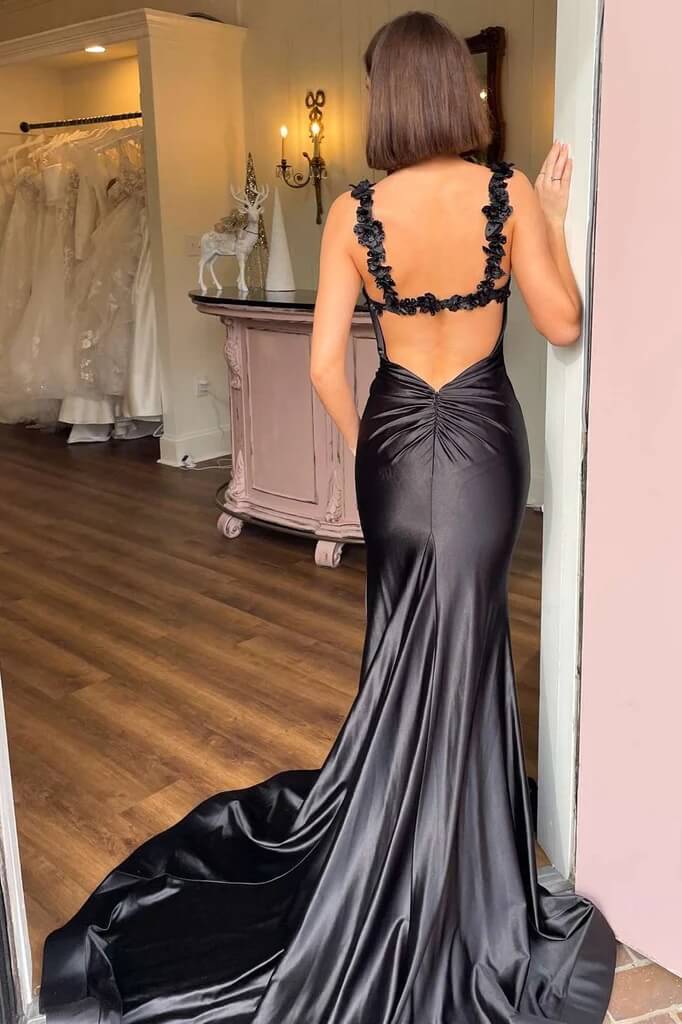 Black Satin Mermaid Spaghetti Straps Long Prom Dress, PL619 | Promnova US8 / As Picture Black Satin Mermaid Spaghetti Straps Long Prom Dress, PL619 | Promnova US8 / As Picture