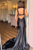 Simple Black Satin Mermaid Spaghetti Straps Long Prom Dresses With Slit, PL619 | evening dress | prom dress shops | mermaid prom dress | promnova.com
