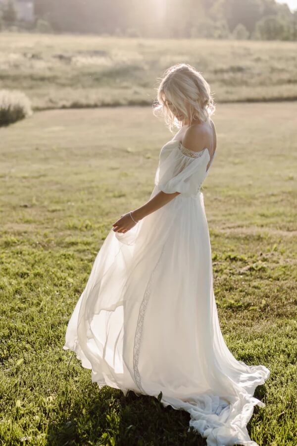 chiffon aline wedding dress Straps Plunging Pleated Chiffon Long Train Wedding Dress Light Ivory / No / Court Train