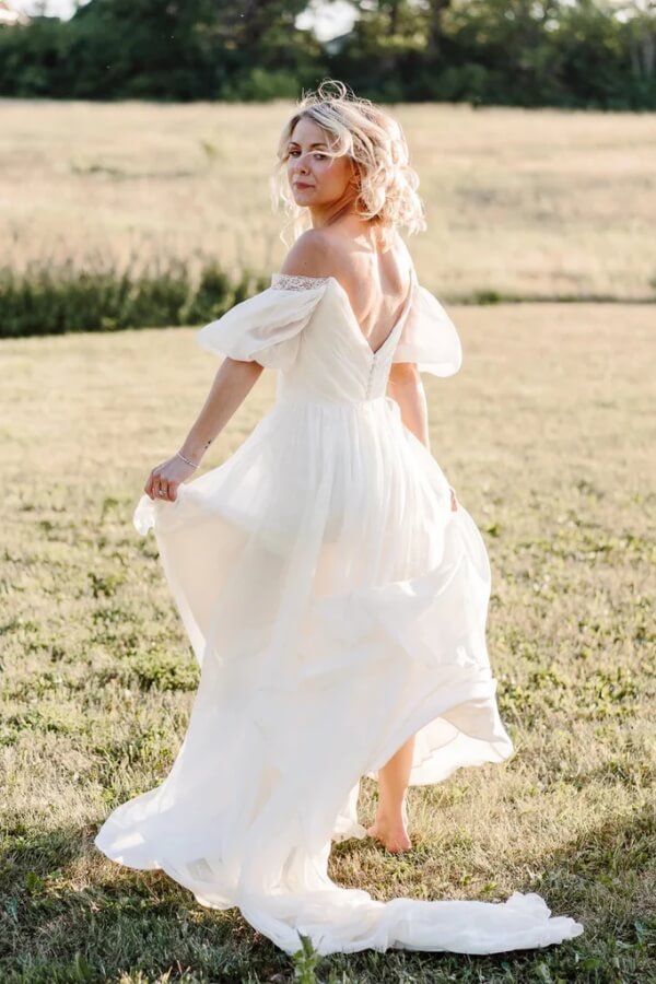 Chiffon A Line Off-the-Shoulder Beach Wedding Dress, PW503 | Promnova US2 / Custom Color Chiffon A Line Off-the-Shoulder Beach Wedding Dress, PW503 | Promnova US2 / Custom Color