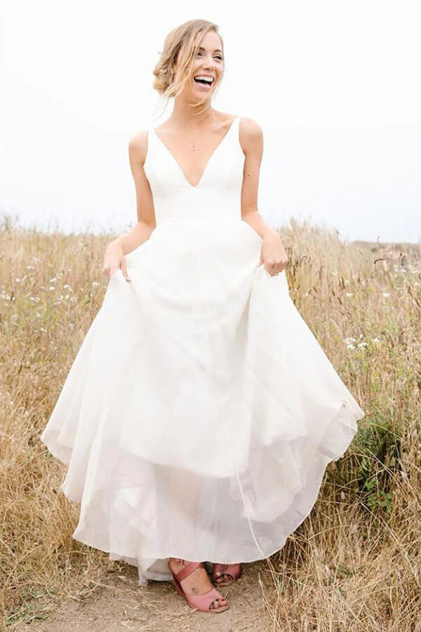 Simple Chiffon A Line V Neck Open Back Beach Wedding Dresses, PW360 | a line wedding dresses | bridal gown | outdoor wedding dresses | promnova.com