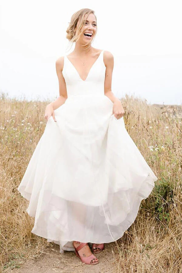 Simple Chiffon A Line V Neck Beach Wedding Dresses, PW360 | Promnova US10 / Custom Color Simple Chiffon A Line V Neck Beach Wedding Dresses, PW360 | Promnova US10 / Custom Color