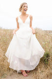 Simple Chiffon A Line V Neck Open Back Beach Wedding Dresses, PW360 | a line wedding dresses | bridal gown | outdoor wedding dresses | promnova.com