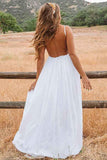 Simple Chiffon Lace Top A Line V Neck Open Back Wedding Dresses, PW393 | outdoor wedding dress | wedding dresses near me | bohemian wedding dress | promnova.com