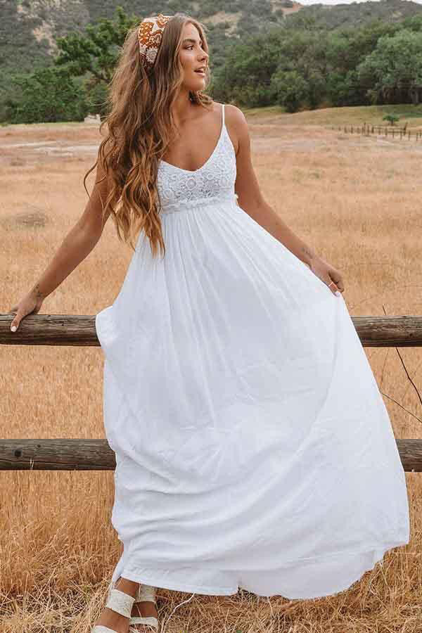 Simple Chiffon Lace Top A Line V Neck Open Back Wedding Dresses, PW393 | vintage wedding dress | chiffon wedding dress | bridal style | promnova.com
