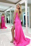 Simple Pink Satin V Neck Spaghetti Straps Long Prom Dresses With Slit, PL783 | new arrival prom dress | satin prom dress | senior prom dress | promnova.com