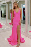 Simple Pink Satin V Neck Spaghetti Straps Long Prom Dresses With Slit, PL783 | prom dress pink | long formal dress | evening gown | promnova.com