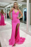 Simple Pink Satin V Neck Spaghetti Straps Long Prom Dresses With Slit, PL783 | prom dresses near me | sexy prom dress | cheap long prom dresses online | promnova.com