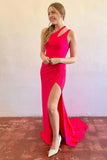 Simple Red Satin Mermaid One Shoulder Long Prom Dress, Evening Dresses, PL582