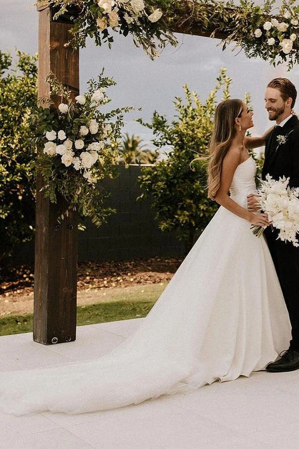 Satin A Line Strapless Wedding Dresses with Slit, PW405 | Promnova Custom Size / As Picture Satin A Line Strapless Wedding Dresses with Slit, PW405 | Promnova Custom Size / As Picture