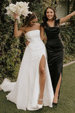 Simple Satin A Line Strapless Wedding Dresses With Slit, Bridal Gowns, PW405 | wedding dress stores | bohemian wedding dress | a line wedding dress | promnova.com
