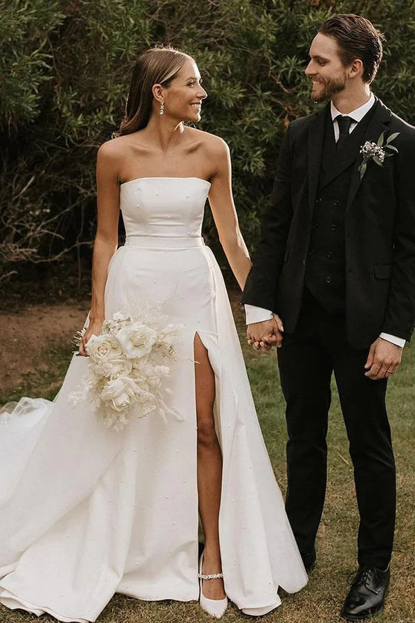 Satin A Line Strapless Wedding Dresses With Slit, PW405 | Promnova Custom Size / As Picture Satin A Line Strapless Wedding Dresses With Slit, PW405 | Promnova Custom Size / As Picture