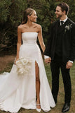 Simple Satin A Line Strapless Wedding Dresses With Slit, Bridal Gowns, PW405 | beaded wedding dress | wedding gown | ivory wedding dress | promnova.com