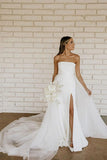 Simple Satin A Line Strapless Wedding Dresses With Slit, Bridal Gowns, PW405