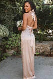 Simple Satin Mermaid Halter Neck Long Bridesmaid Dresses With Slit, PB191 image 3