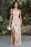 Simple Satin Mermaid Halter Neck Long Bridesmaid Dresses With Slit, PB191 image 1