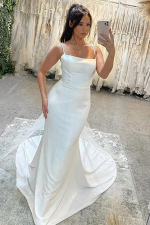 Simple Satin Mermaid Lace Appliques Beach Wedding Dress, Bridal Gown, PW386 | satin wedding dresses | lace wedding dress | cheap wedding dress online | promnova.com