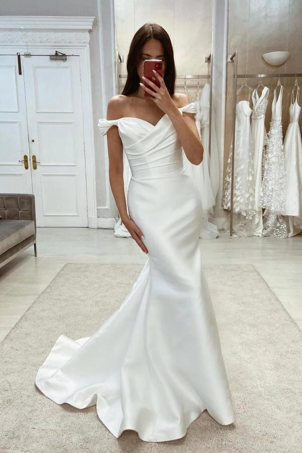 Simple Satin Mermaid Off-the-Shoulder Wedding Dresses With Train, PW529