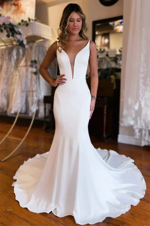 Satin Mermaid Plunge V Neck Backless Wedding Dress, PW414 | Promnova US16 / As Picture Satin Mermaid Plunge V Neck Backless Wedding Dress, PW414 | Promnova US16 / As Picture