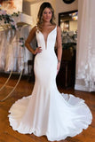 Simple Satin Mermaid Plunge V Neck Backless Wedding Dress, Bridal Gown, PW414