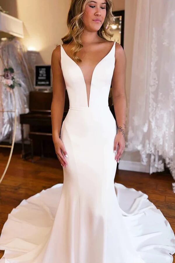 backless wedding dress mermaid Satin Mermaid Plunge V Neck Backless Wedding Dress, PW414