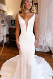 Simple Satin Mermaid Plunge V Neck Backless Wedding Dress, Bridal Gown, PW414 image 3